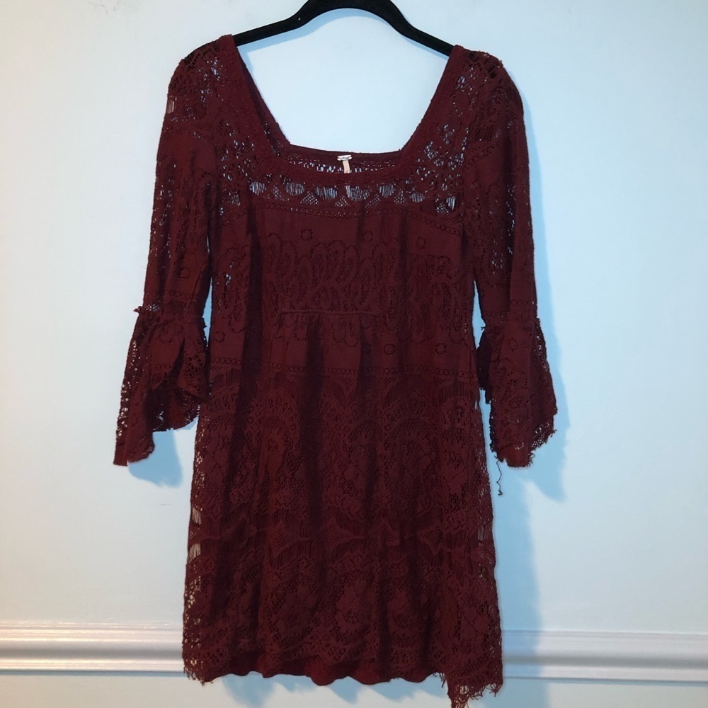 Free People Red Laced Long Sleeve Mini Dress Size XS